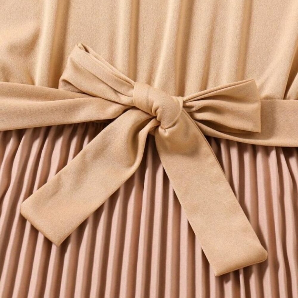 High Neck Dress with Pleated Hem & Waist Belt. - Picture 5 of 8